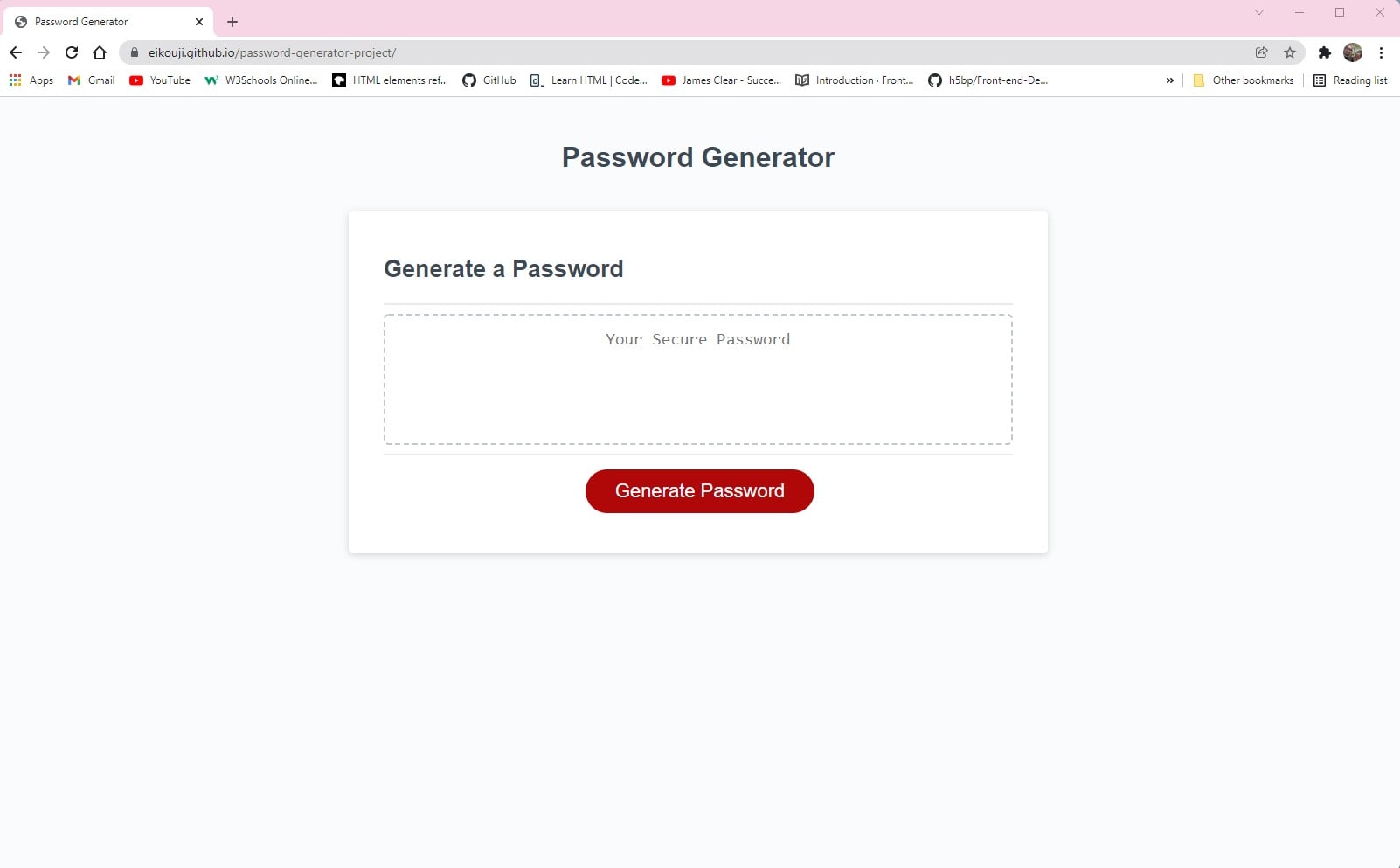 a screen shot of the website Password Generator, an app I made to practice JavaScript