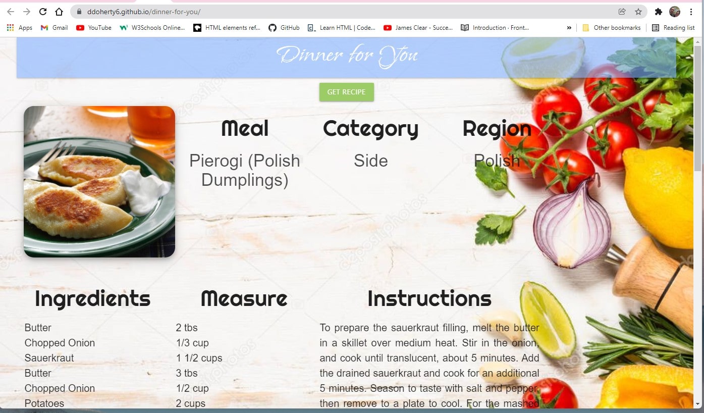 a screenshot of the website Dinner For You, a random recipe generator app.